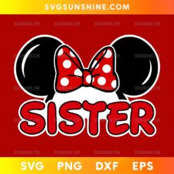 Sister Minnie Mouse SVG design with black mouse ears and red polka dot bow for Cricut crafting projects