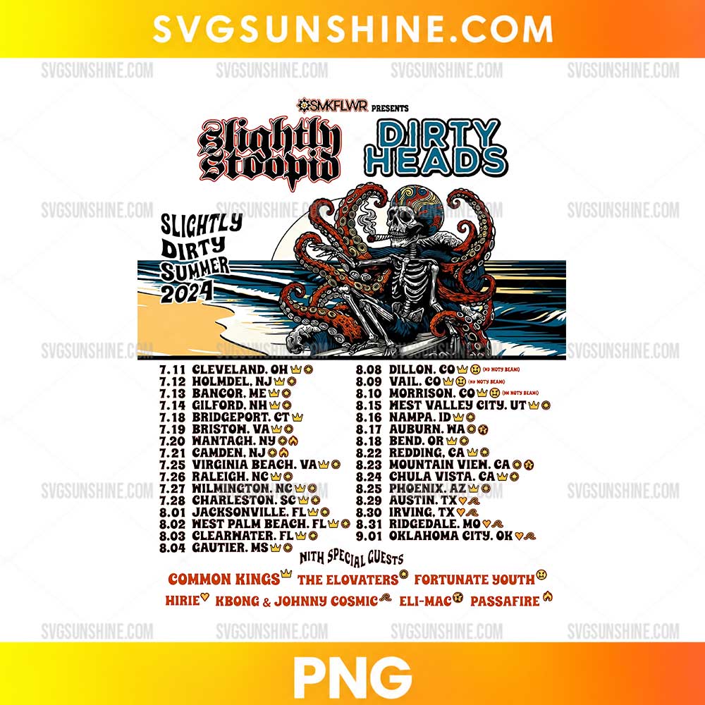 Slightly Stoopid Dirty Heads Slightly Dirty Summer 2024 Tour PNG featuring skeleton beach artwork and octopus design