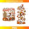 Snoopy Fall PNG featuring Snoopy, Charlie Brown, Lucy, pumpkins, colorful autumn leaves, and The Most Wonderful Time of the Year lettering