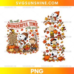 Snoopy Fall PNG featuring Snoopy, Charlie Brown, Lucy, pumpkins, colorful autumn leaves, and The Most Wonderful Time of the Year lettering