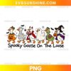 Spooky Goose On The Loose PNG featuring six cartoon geese dressed as a pumpkin, mummy, devil, ghost, monster, and witch