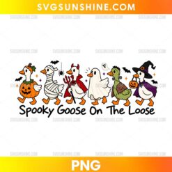Spooky Goose On The Loose PNG featuring six cartoon geese dressed as a pumpkin, mummy, devil, ghost, monster, and witch