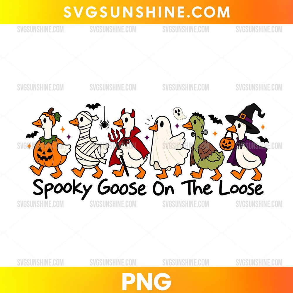 Spooky Goose On The Loose PNG featuring six cartoon geese dressed as a pumpkin, mummy, devil, ghost, monster, and witch