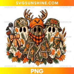 Spooky Season Ghost PNG featuring three camouflage ghosts, orange plaid bandana, hunting accessories, and autumn leaves