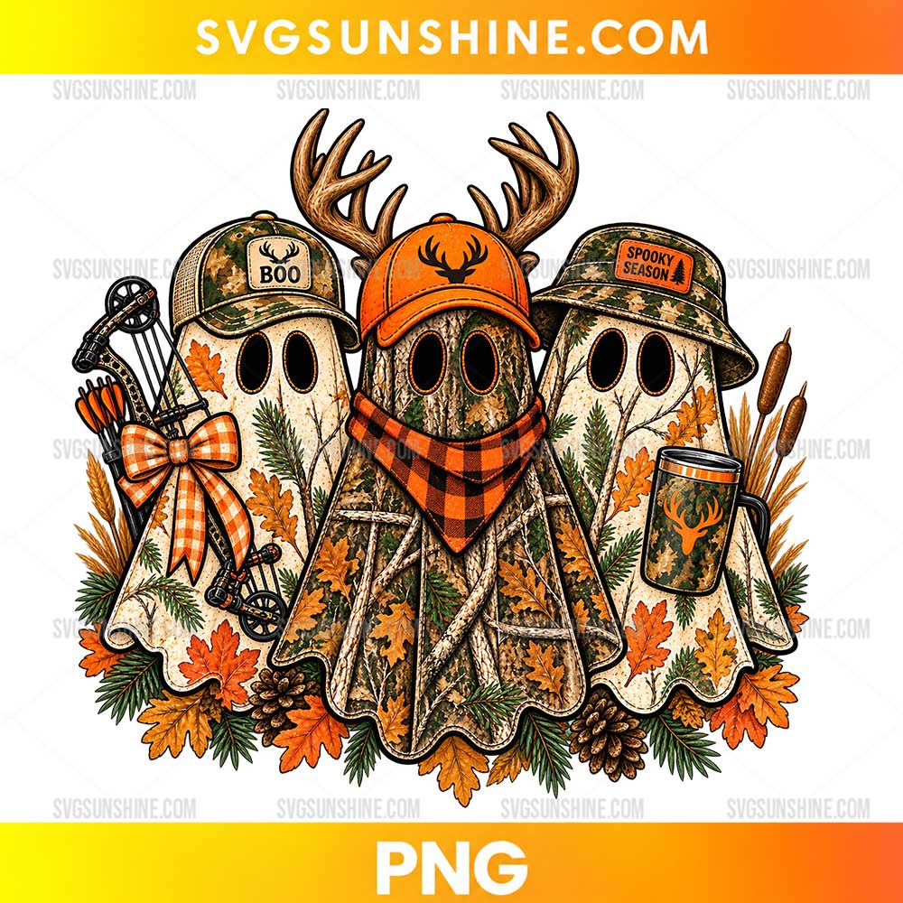 Spooky Season Ghost PNG featuring three camouflage ghosts, orange plaid bandana, hunting accessories, and autumn leaves