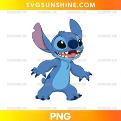Stitch PNG featuring a cute blue alien character with oversized ears, big eyes, and a wide playful smile.