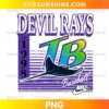 Tampa Bay Devil Rays Baseball PNG featuring a retro purple design, colorful TB monogram, manta ray illustration, and EST. 1998 lettering.