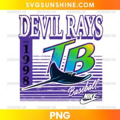 Tampa Bay Devil Rays Baseball PNG featuring a retro purple design, colorful TB monogram, manta ray illustration, and EST. 1998 lettering.