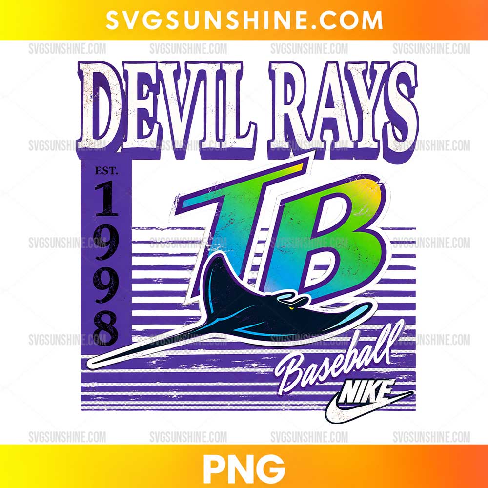 Tampa Bay Devil Rays Baseball PNG featuring a retro purple design, colorful TB monogram, manta ray illustration, and EST. 1998 lettering.