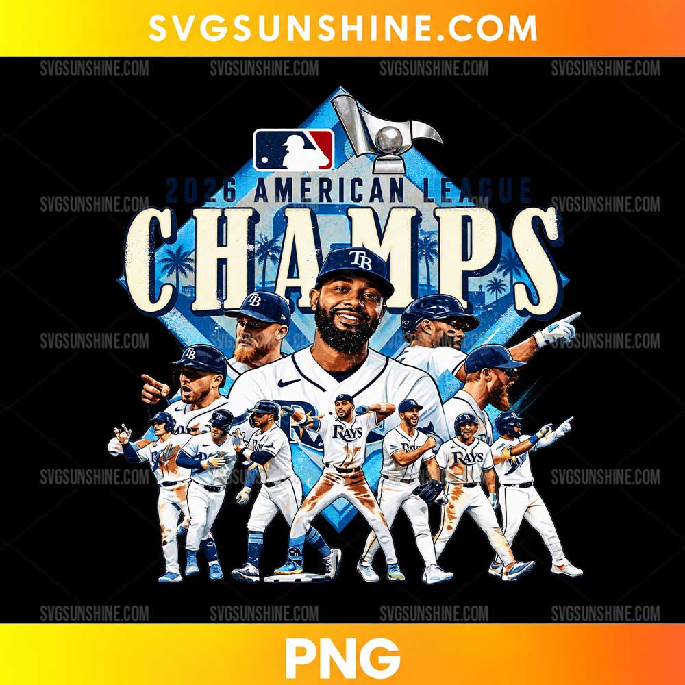 Tampa Bay Rays 2026 AL Champs PNG featuring multiple baseball players, a championship trophy, and bold cream and blue lettering.