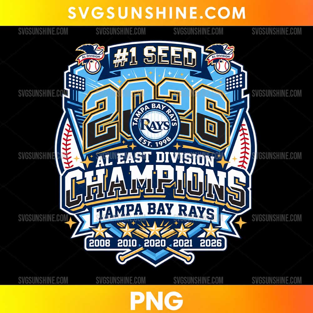 Tampa Bay Rays 2026 AL East Division Champions PNG featuring #1 Seed lettering, blue and gold baseball graphics, and championship typography.