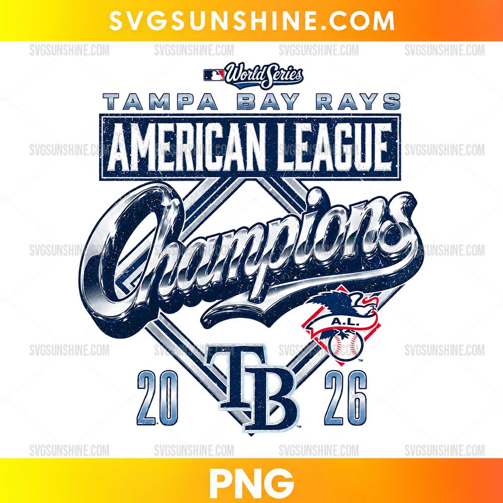 Tampa Bay Rays 2026 American League Champions PNG featuring metallic navy and silver lettering, baseball graphics, and championship-inspired typography.