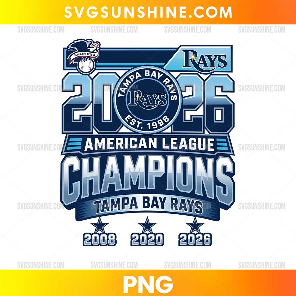 Tampa Bay Rays 2026 American League Champions PNG with a blue retro badge, 2026 numerals, bold lettering, and three stars.