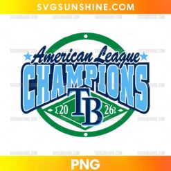Tampa Bay Rays 2026 Champions PNG featuring blue championship lettering, a green circular emblem, and a central TB monogram.