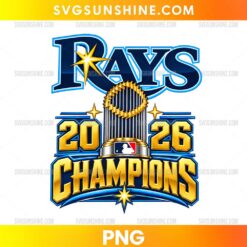 Tampa Bay Rays 2026 Champions PNG with a metallic gold trophy, golden year numerals, and bold blue and gold lettering.