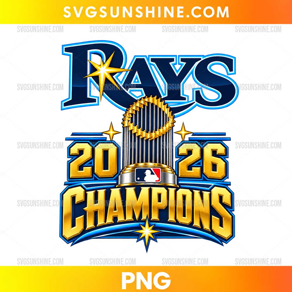 Tampa Bay Rays 2026 Champions PNG with a metallic gold trophy, golden year numerals, and bold blue and gold lettering.