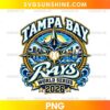 Tampa Bay Rays 2026 Coastal Baseball PNG featuring a manta ray, baseball, ocean waves, waterfront skyline, palm trees, and navy blue and gold lettering.
