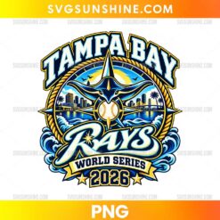 Tampa Bay Rays 2026 Coastal Baseball PNG featuring a manta ray, baseball, ocean waves, waterfront skyline, palm trees, and navy blue and gold lettering.