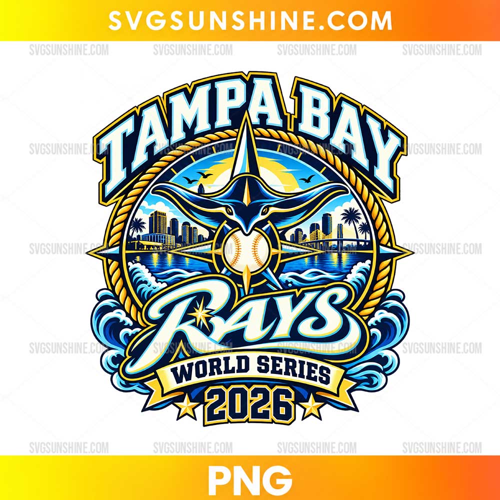 Tampa Bay Rays 2026 Coastal Baseball PNG featuring a manta ray, baseball, ocean waves, waterfront skyline, palm trees, and navy blue and gold lettering.