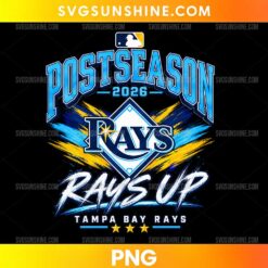 Tampa Bay Rays 2026 Postseason PNG featuring blue Postseason lettering, a Rays-inspired emblem, Rays Up text, and gold stars.