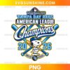 Tampa Bay Rays 2026 World Series PNG featuring a cartoon dog in baseball gear, crossed bats, blue Champions lettering, and yellow accents.