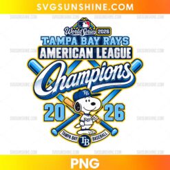 Tampa Bay Rays 2026 World Series PNG featuring a cartoon dog in baseball gear, crossed bats, blue Champions lettering, and yellow accents.