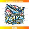 Tampa Bay Rays 2026 World Series PNG featuring a blue manta ray, baseballs with red stitching, bold Rays lettering, and gold championship accents.