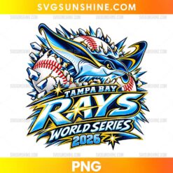 Tampa Bay Rays 2026 World Series PNG featuring a blue manta ray, baseballs with red stitching, bold Rays lettering, and gold championship accents.