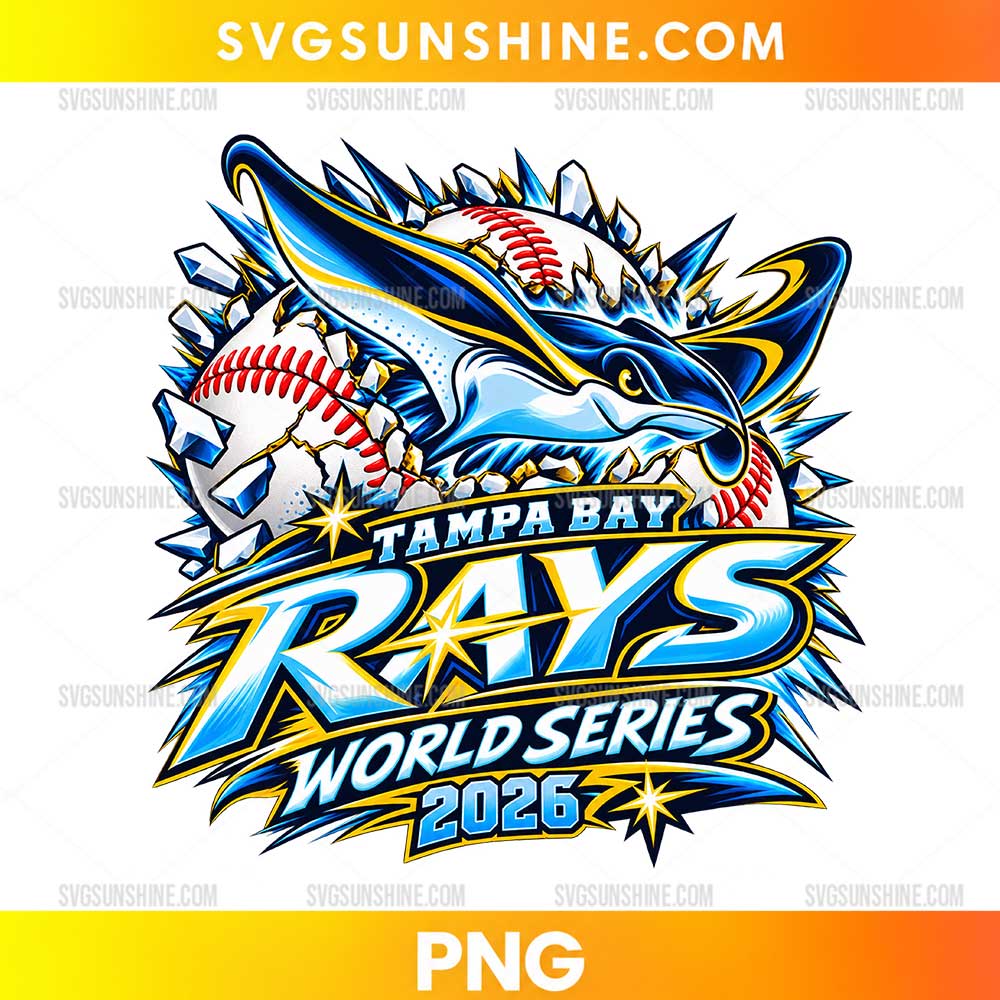Tampa Bay Rays 2026 World Series PNG featuring a blue manta ray, baseballs with red stitching, bold Rays lettering, and gold championship accents.