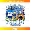 Tampa Bay Rays ALCS 2026 PNG featuring a blue baseball mascot, stadium, bat, helmet, and bold lettering