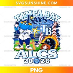 Tampa Bay Rays ALCS 2026 PNG featuring a blue baseball mascot, stadium, bat, helmet, and bold lettering