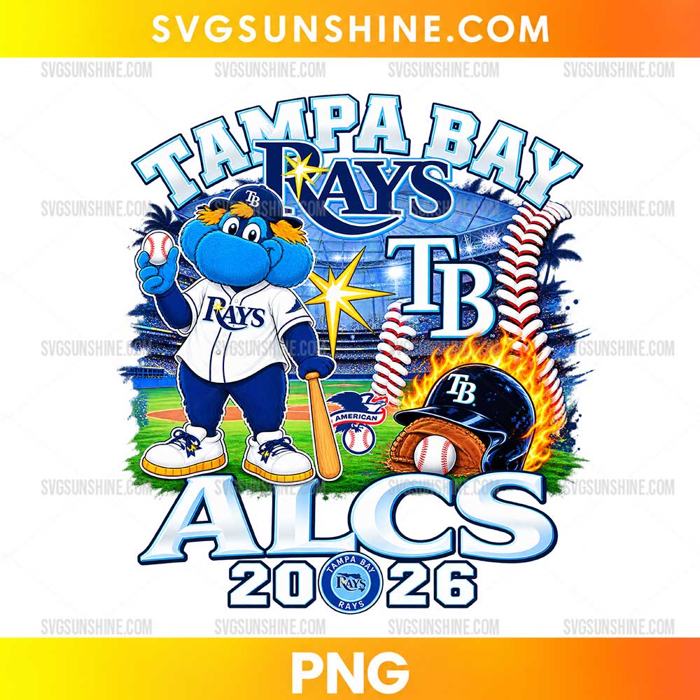 Tampa Bay Rays ALCS 2026 PNG featuring a blue baseball mascot, stadium, bat, helmet, and bold lettering