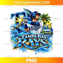 Tampa Bay Rays Baseball Player PNG featuring a batter in a blue and white uniform, a manta ray, ocean waves, palm trees, and coastal skyline.