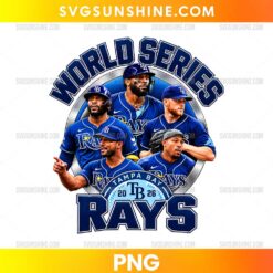 Tampa Bay Rays Baseball Players PNG featuring five players in blue uniforms, World Series lettering, and a navy blue Rays emblem with 2026 details.