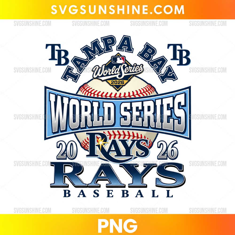 Tampa Bay Rays Baseball World Series 2026 PNG featuring a stitched baseball, navy blue lettering, a World Series banner, and vintage sports graphics.