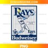 Tampa Bay Rays Budweiser Baseball PNG featuring a vintage batter illustration, navy pinstripes, and retro lettering