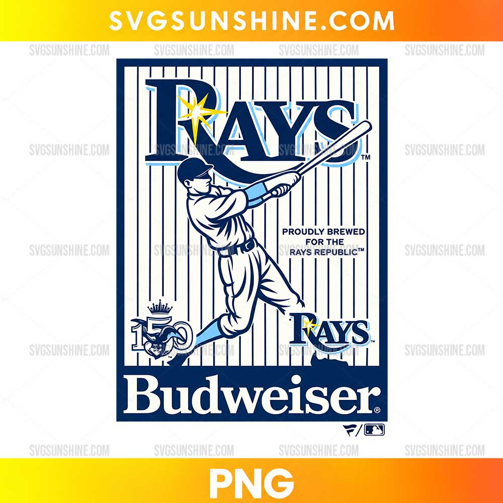 Tampa Bay Rays Budweiser Baseball PNG featuring a vintage batter illustration, navy pinstripes, and retro lettering