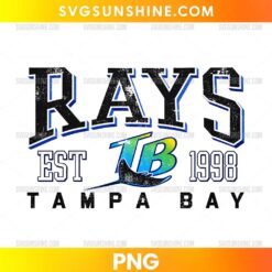 Tampa Bay Rays Est 1998 PNG featuring distressed black RAYS lettering, colorful TB initials, and vintage baseball graphics