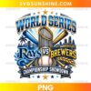 Tampa Bay Rays vs Milwaukee Brewers World Series 2026 PNG featuring a championship trophy, crossed baseball bats, baseball, and blue and gold lettering.