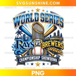 Tampa Bay Rays vs Milwaukee Brewers World Series 2026 PNG featuring a championship trophy, crossed baseball bats, baseball, and blue and gold lettering.