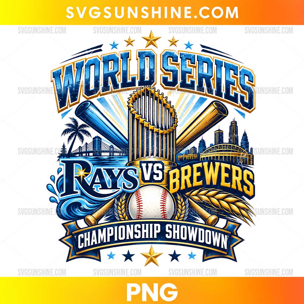 Tampa Bay Rays vs Milwaukee Brewers World Series 2026 PNG featuring a championship trophy, crossed baseball bats, baseball, and blue and gold lettering.