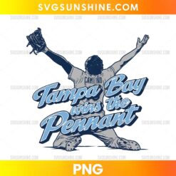Tampa Bay Rays Wins the Pennant PNG featuring a baseball player with raised arms and bold blue vintage script lettering.