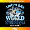 Tampa Bay Rays World Series 2026 PNG featuring two cartoon baseball mascots, blue and white uniforms, and bold World Series lettering.