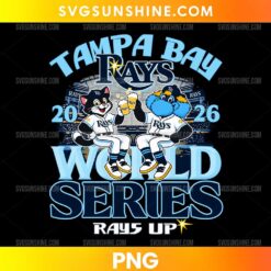 Tampa Bay Rays World Series 2026 PNG featuring two cartoon baseball mascots, blue and white uniforms, and bold World Series lettering.
