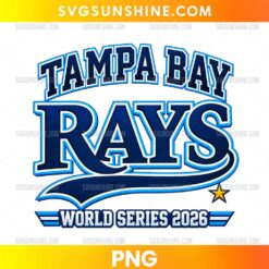 Tampa Bay Rays World Series 2026 PNG featuring oversized navy blue Rays lettering, bright blue and white outlines, a golden star, and bold championship text.