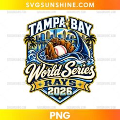Tampa Bay Rays World Series 2026 PNG featuring a baseball glove, white baseball, Tampa Bay skyline, palm trees, ocean waves, and blue and gold lettering.
