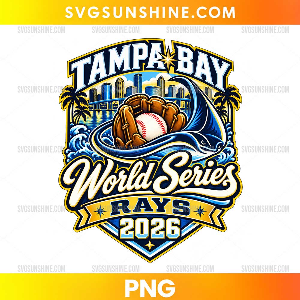 Tampa Bay Rays World Series 2026 PNG featuring a baseball glove, white baseball, Tampa Bay skyline, palm trees, ocean waves, and blue and gold lettering.