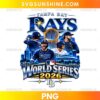 Tampa Bay Rays World Series 2026 PNG featuring baseball players, a metallic trophy, stadium scenery, and silver lettering.