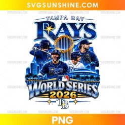 Tampa Bay Rays World Series 2026 PNG featuring baseball players, a metallic trophy, stadium scenery, and silver lettering.