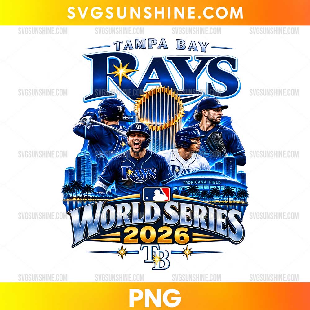 Tampa Bay Rays World Series 2026 PNG featuring baseball players, a metallic trophy, stadium scenery, and silver lettering.